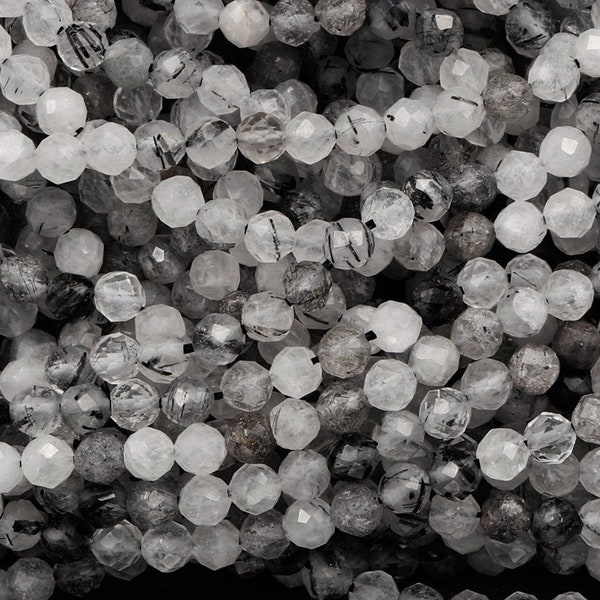 Natural Black Tourmaline Rutilated Quartz 3mm 4mm Faceted Round Beads Micro Cut Gemstone 15.5" Strand