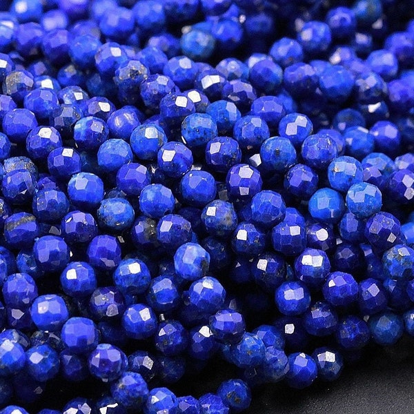 AAA Micro Faceted Natural Blue Lapis Lazuli Round Beads 2mm 3mm 4mm Diamond Cut Gemstone 15.5" Strand