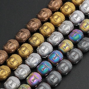 Titanium Hematite Carved Buddha Head Beads 10mm Frosty Matte Finish Bronze Gold Gunmetal Black Silver Rainbow Colors  8&quot; Strand