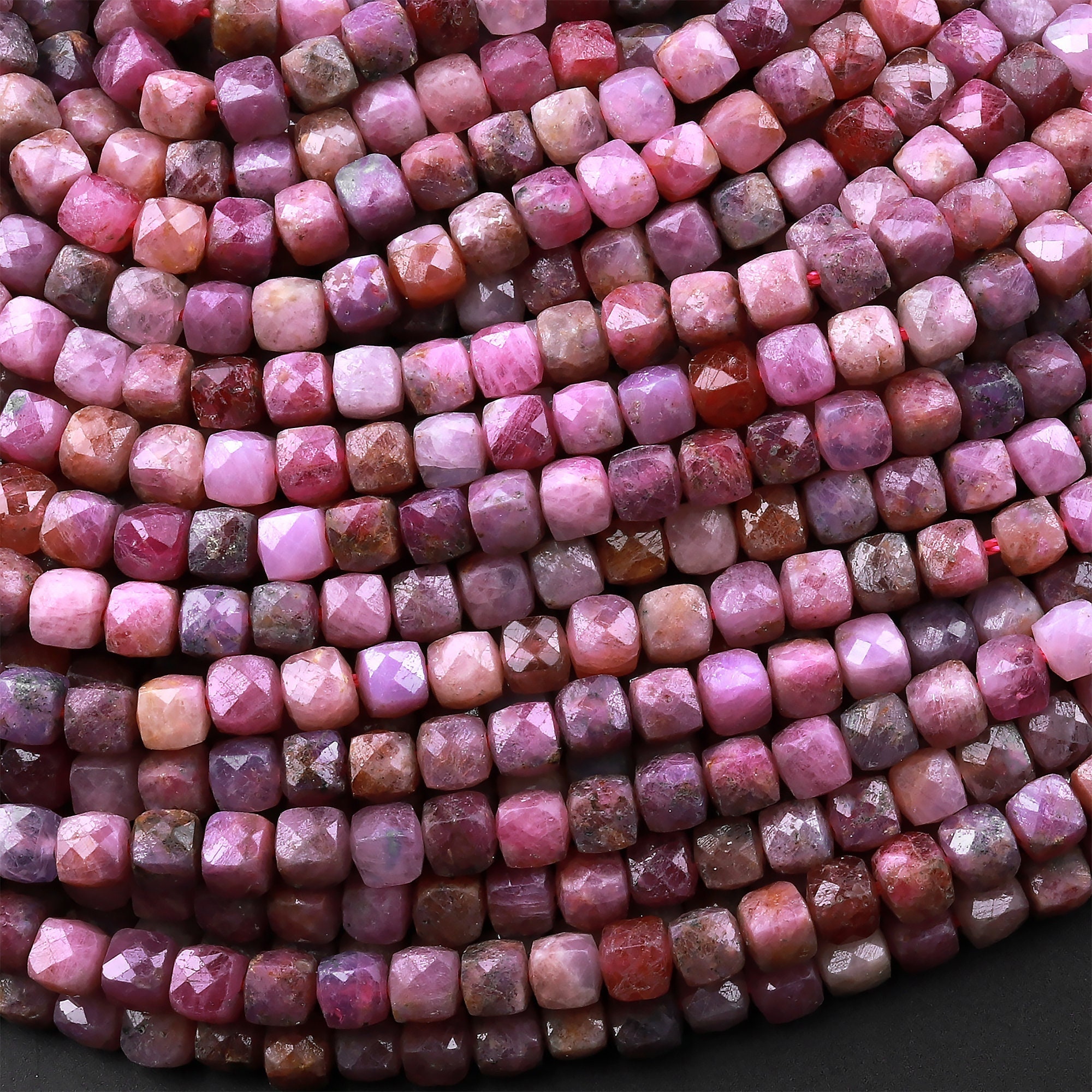 Real Genuine Natural Ruby Faceted 4mm Cube Dice Square Beads Micro Faceted Laser Diamond Cut 15.5" Strand