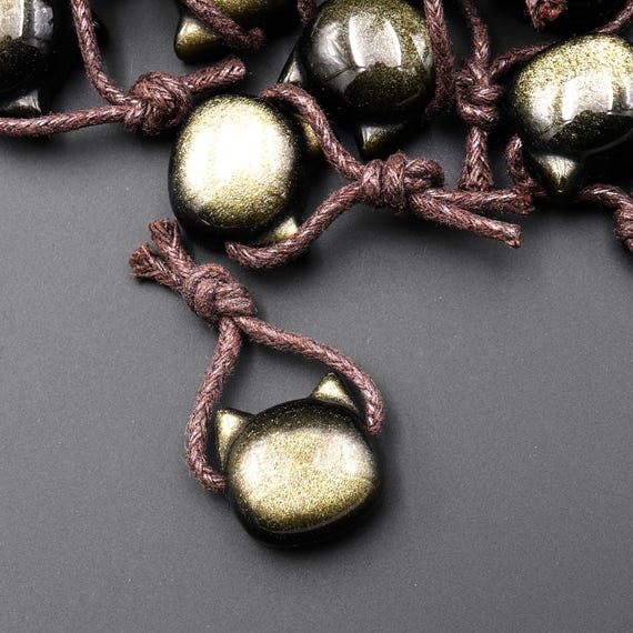 AAA Carved Natural Golden Obsidian Kitty Cat Face Pendant Gemstone