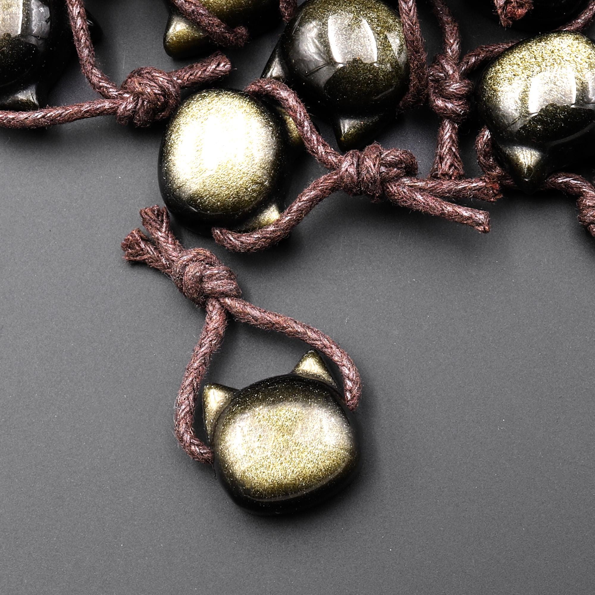 AAA Carved Natural Golden Obsidian Kitty Cat Face Pendant Gemstone
