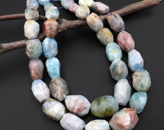Large Graduated Faceted Natural Blue Red Aquamarine Nugget Gemstone Beads 17" Strand