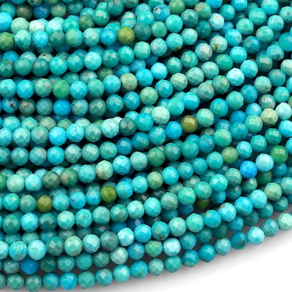 Perles rondes facettées 2 mm pierre gemme - Turquoise naturelle x40cm -  Perles & Co