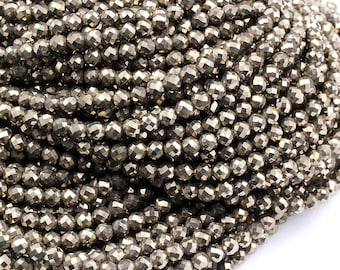 Micro Faceted Natural Iron Pyrite 2mm 3mm 4mm Round Beads Diamond Cut Gemstone 15.5" Strand