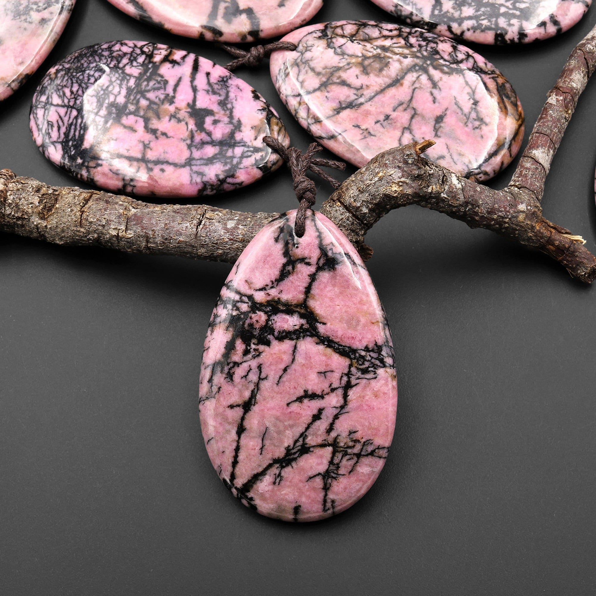 Natural Pink Rhodonite Pendant Black Matrix FreeformTeardrop Shape Pendant