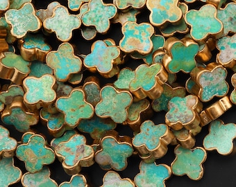 Genuine Natural Green Golden Brown Turquoise Gold Copper Edging 4 Four Leaf Clover 12mm 14mm Beads Choose from 5pcs, 10pcs, Full 16" Strand