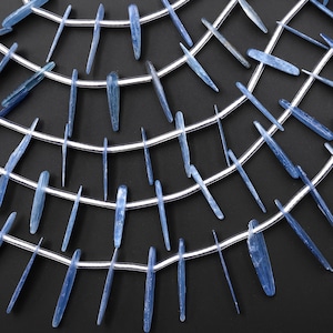 May include: A collection of four curved silver-toned wire strands arranged in a fan shape, each adorned with multiple elongated, translucent light blue kyanite crystal shards suspended vertically along the length of the wires.