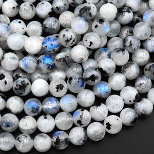 Kamień księżycowy tęczowy 6 mm 8 mm 10 mm 12 mm okrągłe koraliki niebieskie błyski w czarnym turmalinie 15,5" sznur