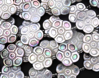 AAA Natural Silver Black Mother of Pearl Hand Carved Flower Bloom Beads 20mm
