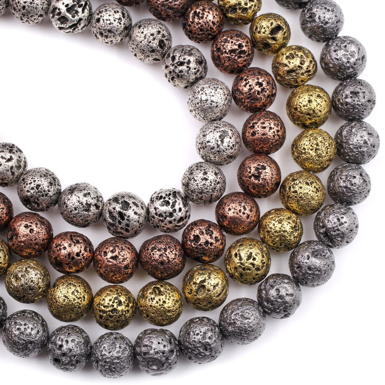 Natural Volcanic Lava Round Bead 6mm 8mm 10mm Titanium Plated Coated Antique Silver Copper Bronze Gold Black Gunmetal 15.5 Strand image 1