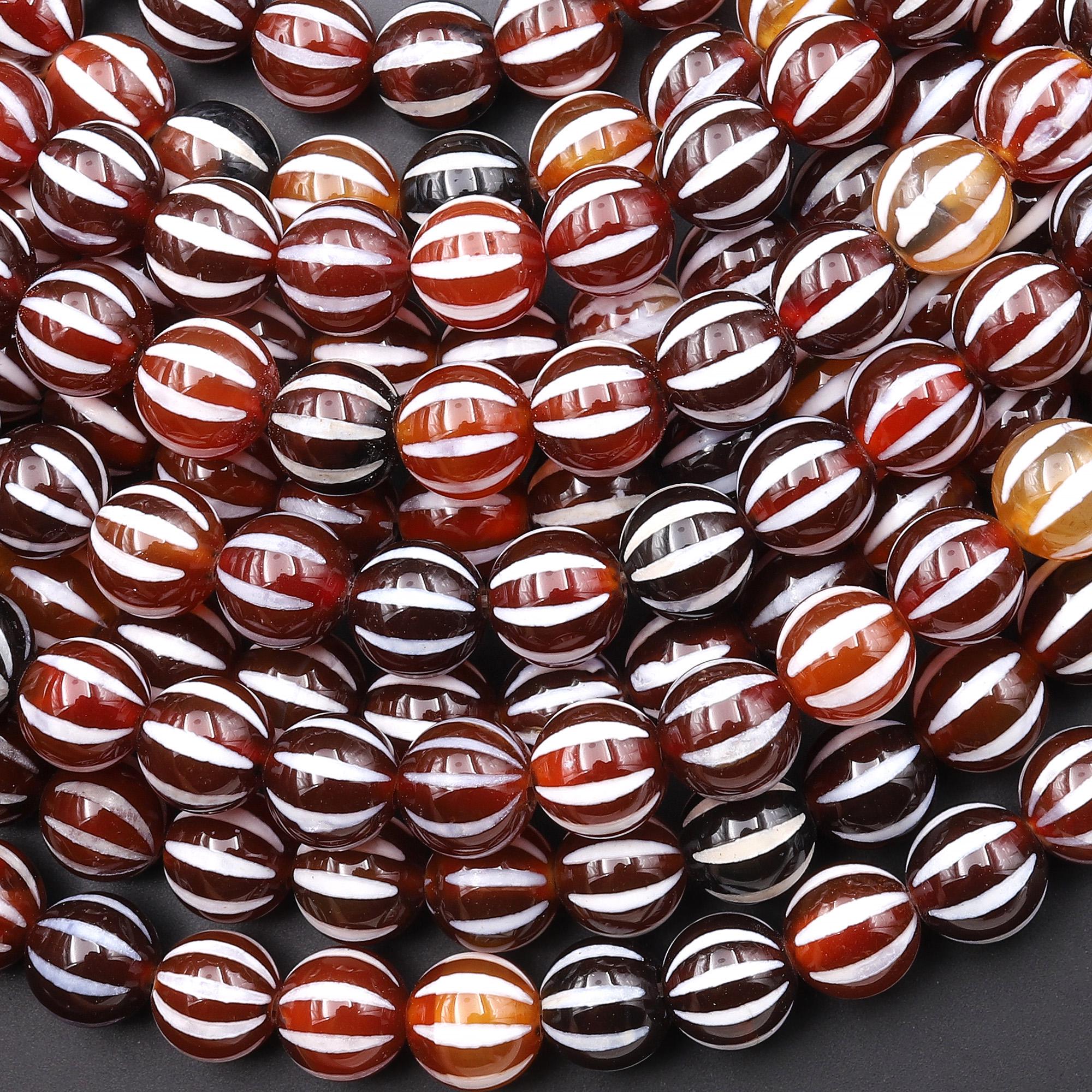 Tibetan Agate 8mm 10mm Round Beads Red Dzi Agate Wavy Etched Line