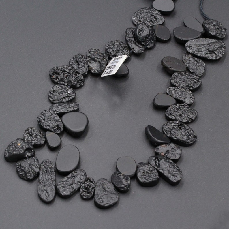 Natural Black Meteorite Beads Teardrop Nugget Tektite From Thailand Drilled Real Genuine Meteorite Cosmic Gems Two Sided Gemstone 16 Strand