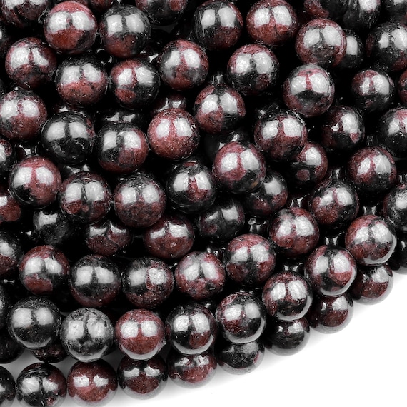 Natural Garnet in Arfvedsonite Smooth Round Beads 6mm 8mm 10mm