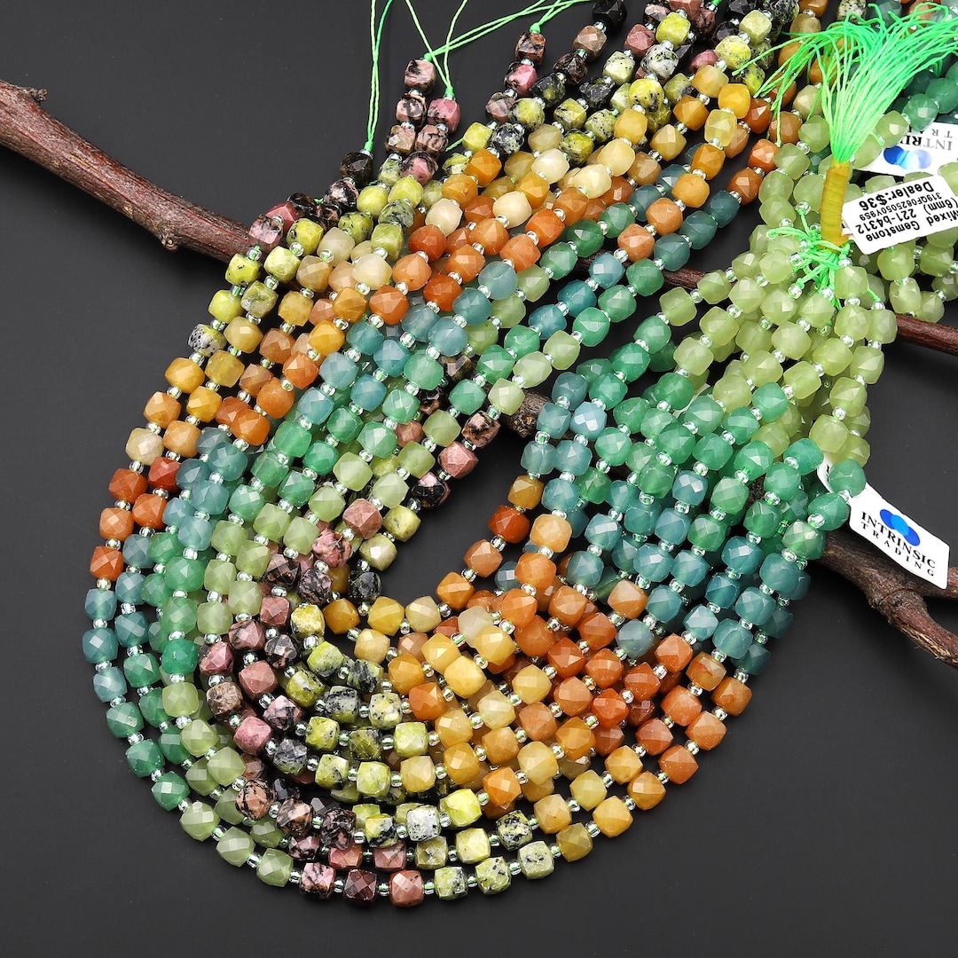 Earth-toned Multicolor Gemstones Faceted 6mm Cube Beads Rhodonite ...