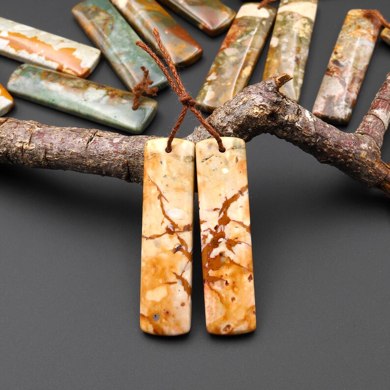 May include: Two rectangular, beige and brown stone pendants with a brown cord are displayed. The pendants have a marbled appearance with brown veining. Other rectangular stones in shades of green, orange, and beige are arranged in the background.