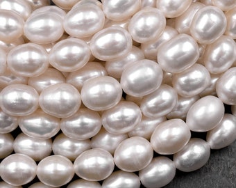 AAA Genuine White Freshwater Potato Oval 6mm 8mm 10mm Pearl Shimmery Iridescent Classic White Pearl 15.5" Strand