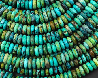 May include: Close-up of strands of turquoise gemstone beads. The beads are a mix of turquoise, teal, and green hues, with brown matrix patterns. Each bead is faceted, catching the light and creating a sparkling effect. The beads are arranged in rows.