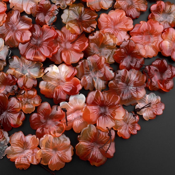 版画「曼華鏡」CARNELIAN Hand Carved Natural Carnelian Flower Earring Pair Drilled Gemstone
