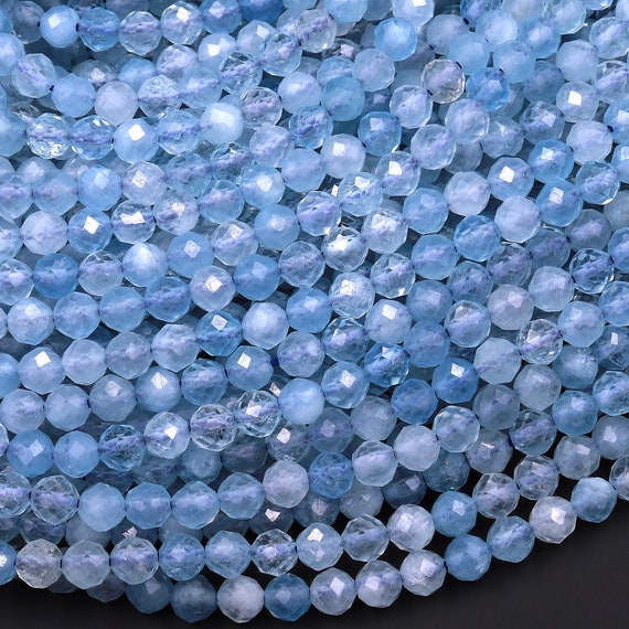 Micro Faceted Natural Aquamarine 2mm 3mm 4mm 6mm Faceted Round Beads Laser  Diamond Cut Real Genuine Blue Aquamarine Gemstone 15.5