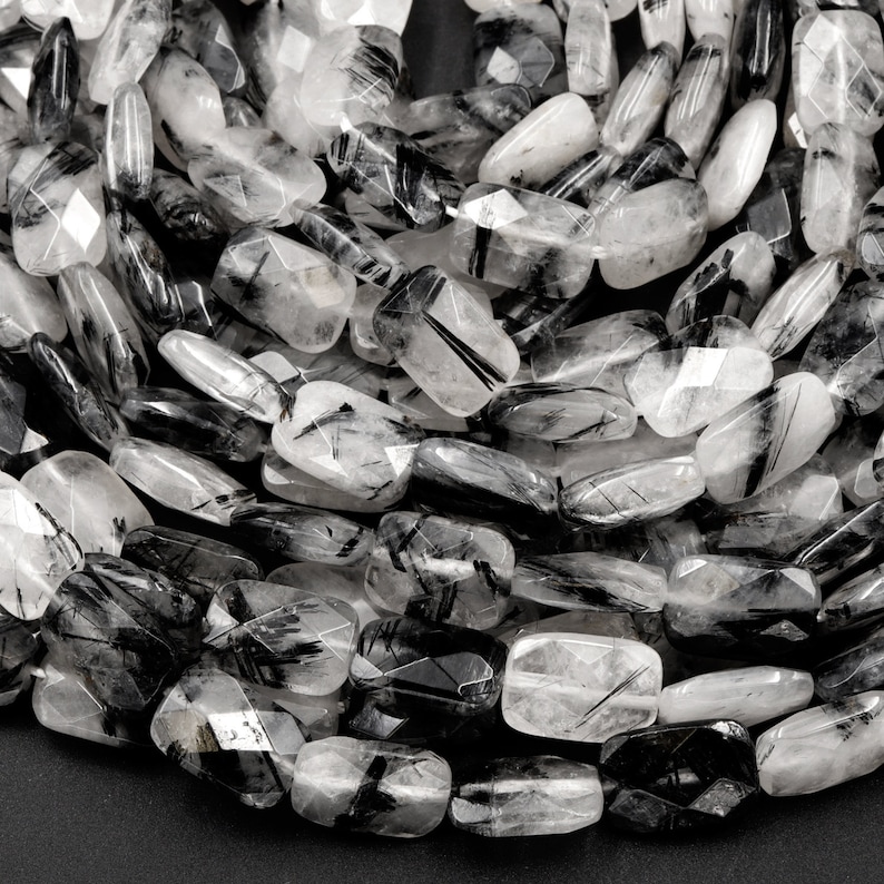 Black Rutilated Quartz Beads Faceted Cushion Rectangle 9mm 12mm Natural Black Tourmaline Rutile Quartz Semi Precious Gemstone 16 Strand