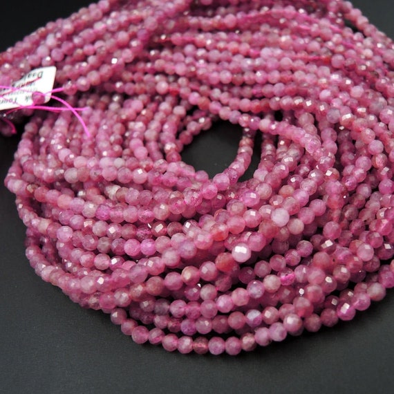 AAA Micro Faceted Natural Pink Tourmaline Faceted 2mm 3mm 4mm 5mm Round Beads Diamond Cut Gemstone 15.5" Strand