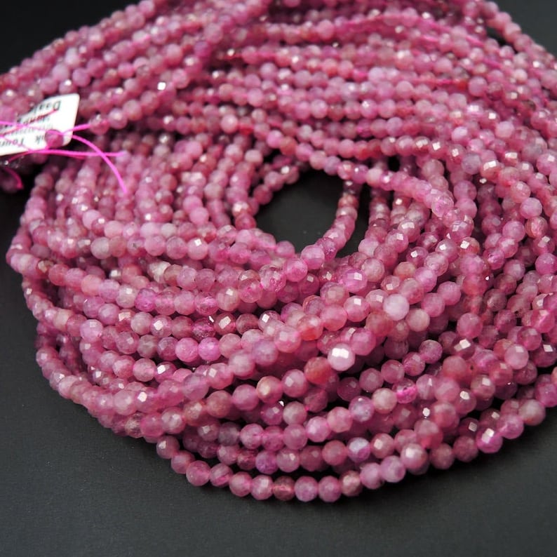 AAA Micro Faceted Natural Pink Tourmaline Faceted 2mm 3mm 4mm 5mm Round Beads Diamond Cut Gemstone 15.5 Strand image 1