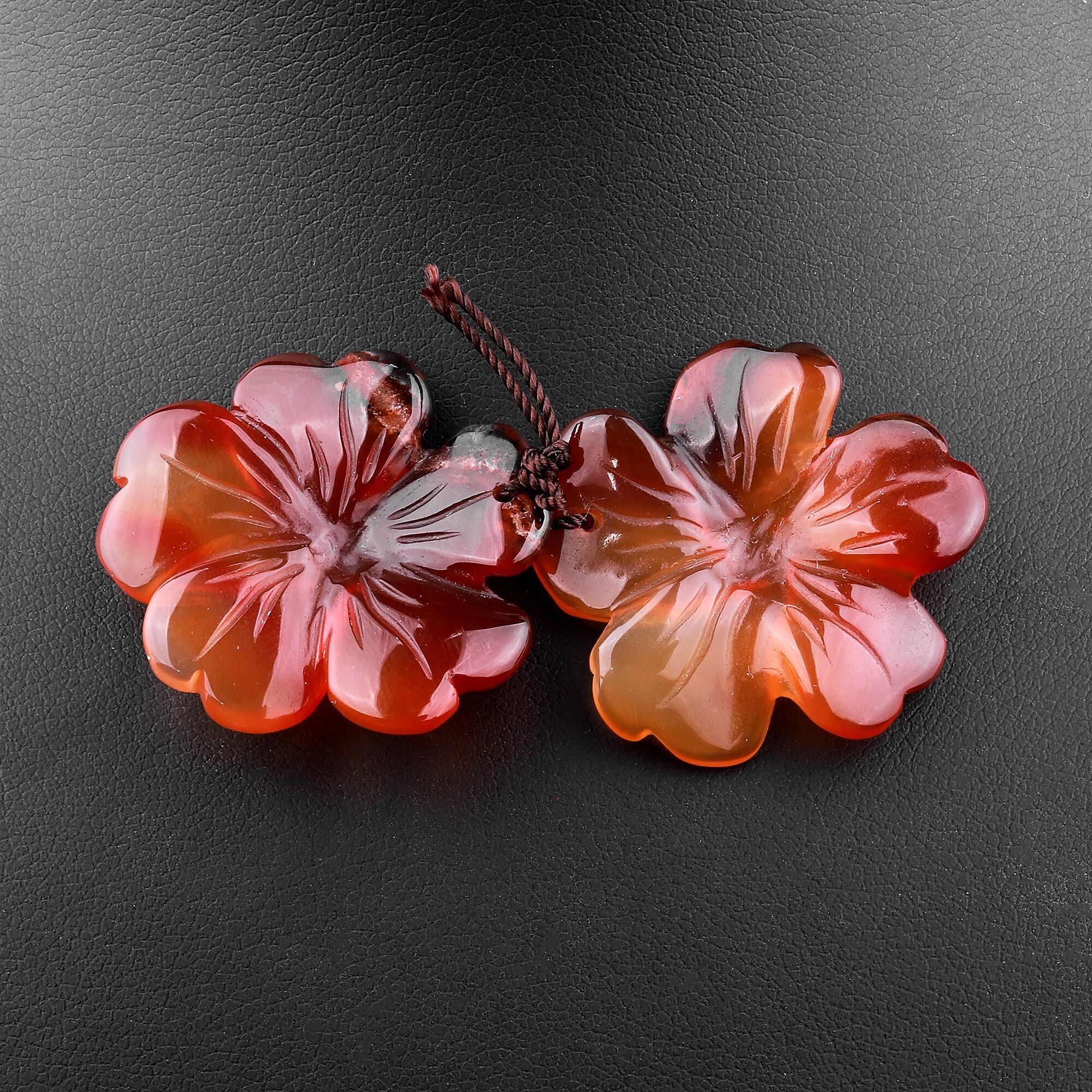 Hand Carved Natural Carnelian Flower Earring Pair Drilled Gemstone