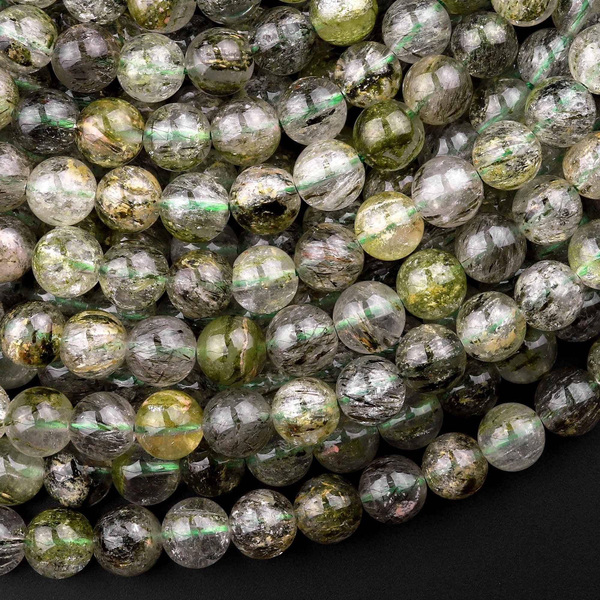 Natural Green Tourmaline Rutile Quartz  6mm 8mm 10mm 12mm Round Beads Gemstone 15.5 Strand