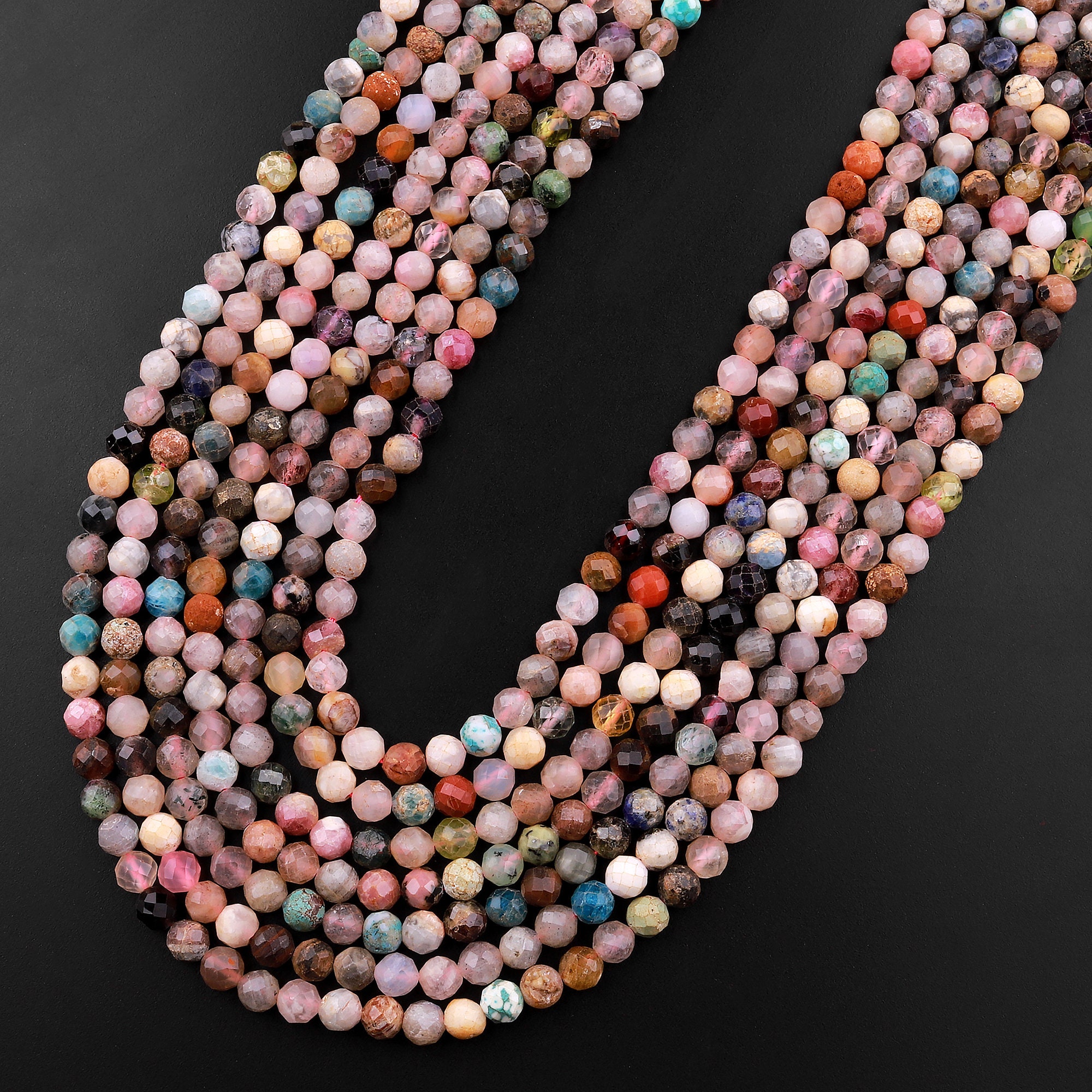 マイクロファセットマルチカラージェムストーンラウンドビーズ 4mm 5mm