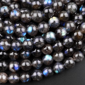 Rare AAA Natural Black Labradorite 4mm 5mm 6mm 8mm 10mm Round Beads Blue Flashes 15.5&quot; Strand