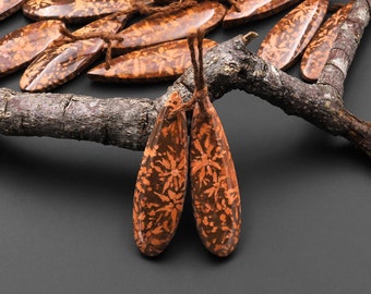 May include: Two teardrop-shaped earrings with a brown and orange floral pattern. The earrings are hanging from a branch.