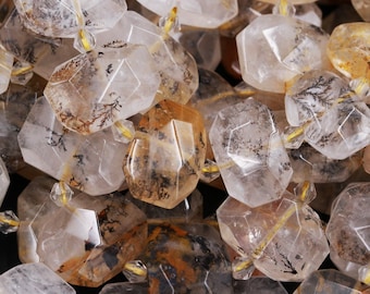 Dendritic Quartz Natural Golden Rock Crystal Chunky Faceted Slab Cushion Rectangle Nugget Slice Focal Pendant Beads 15.5" Strand