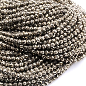 Micro Faceted Natural Iron Pyrite 2mm 3mm 4mm Round Beads Diamond Cut Gemstone 15.5" Strand