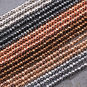 Titanium Hematite Faceted 3mm 4mm Rondelle Beads Silver Bronze Gunmetal Rhodium Black Champagne Rose Gold Beads 15.5&quot; Strand