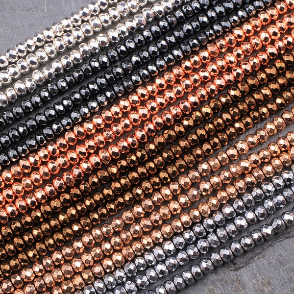 Titanium Hematite Faceted 3mm 4mm Rondelle Beads Silver Bronze Gunmetal Rhodium Black Champagne Rose Gold Beads 15.5" Strand