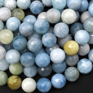 Faceted Natural Aquamarine 8mm 10mm Round Beads 15.5&quot; Strand