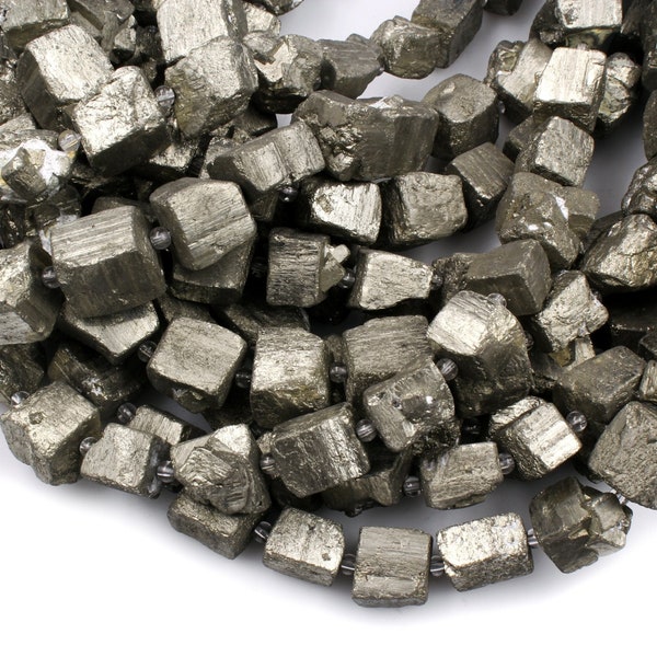 Large Chunky Rough Raw Natural Pyrite Crystal Freeform Dice Cube Square Beads Nugget Sparkling Pyrite Natural Gemstone Beads 15.5" Strand