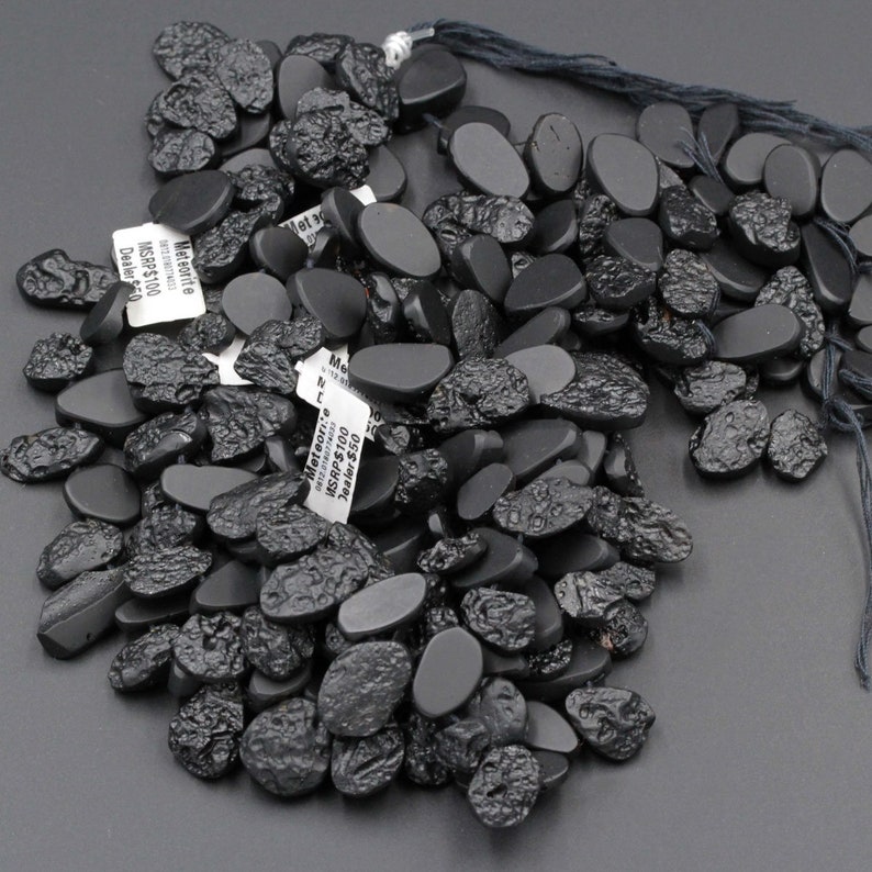 Natural Black Meteorite Beads Teardrop Nugget Tektite From Thailand Drilled Real Genuine Meteorite Cosmic Gems Two Sided Gemstone 16 Strand