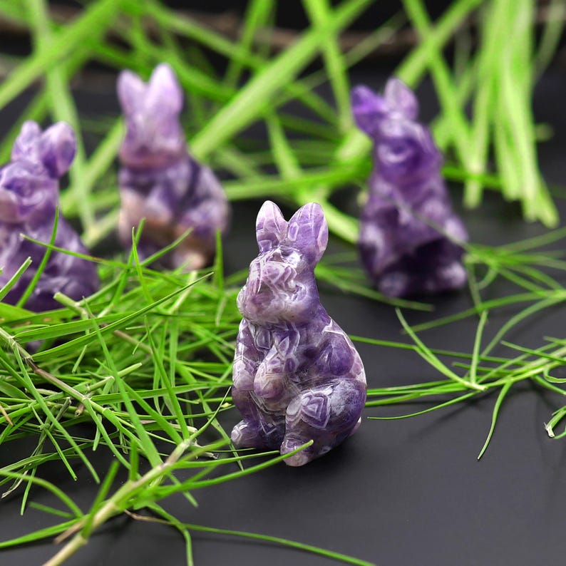 Purple Rampant Rabbit Inserted Hand-carved Natural Purple Chevron Amethyst Bunny Rabbit Figurine ...