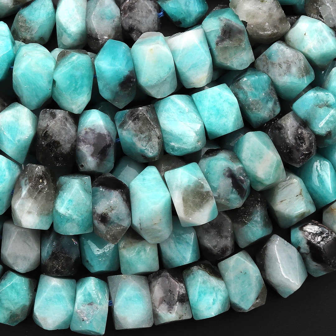 Large Faceted Natural Blue Amazonite Smoky Quartz Rectangle Rondelle ...