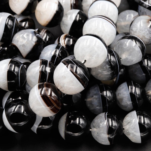 Large Natural Tuxedo Agate Round Beads 12mm 14mm 16mm Smooth Polished High Quality Gemmy Black White Stripes  Beads 15.5" Strand