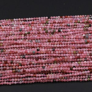 Faceted Natural Pink Tourmaline Round Beads 2mm 3mm 4mm Diamond Cut Gemstone 15.5&quot; Strand