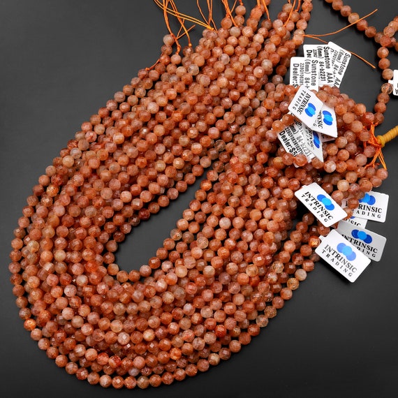 ピース AAA Faceted Natural Sunstone Round Beads 4mm 6mm Fiery Orange