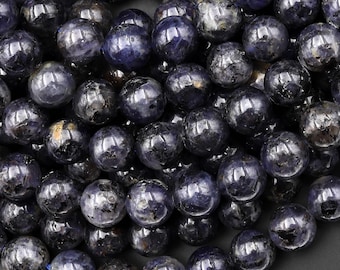 Natural Dark Blue Iolite 4mm 5mm 6mm 7mm 8mm 10mm 12mm Round Gemstone Beads 15.5" Strand