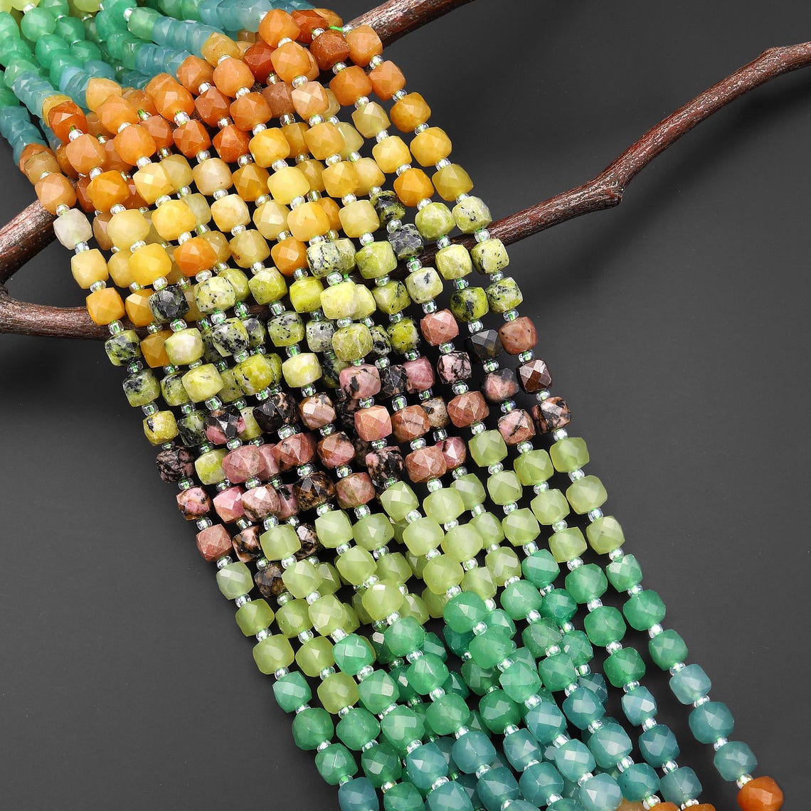 Earth-toned Multicolor Gemstones Faceted 6mm Cube Beads Rhodonite ...
