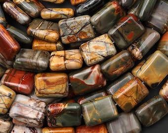 Natural Red Creek Jasper Rectangle Tile Cushion Beads 10x14mm 12x16mm Aka Multicolor Picasso Jasper 15.5" Strand