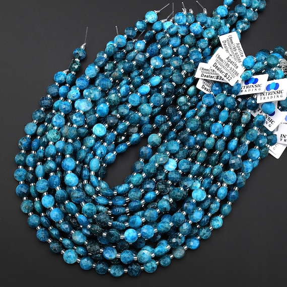 Faceted Natural Teal Blue Apatite Coin 9mm 10mm Beads 15.5