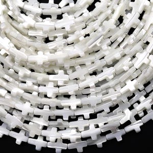 AAA Iridescent Carved Natural White Mother of Pearl Shell Cross Beads Vertically Drilled 15.5" Strand