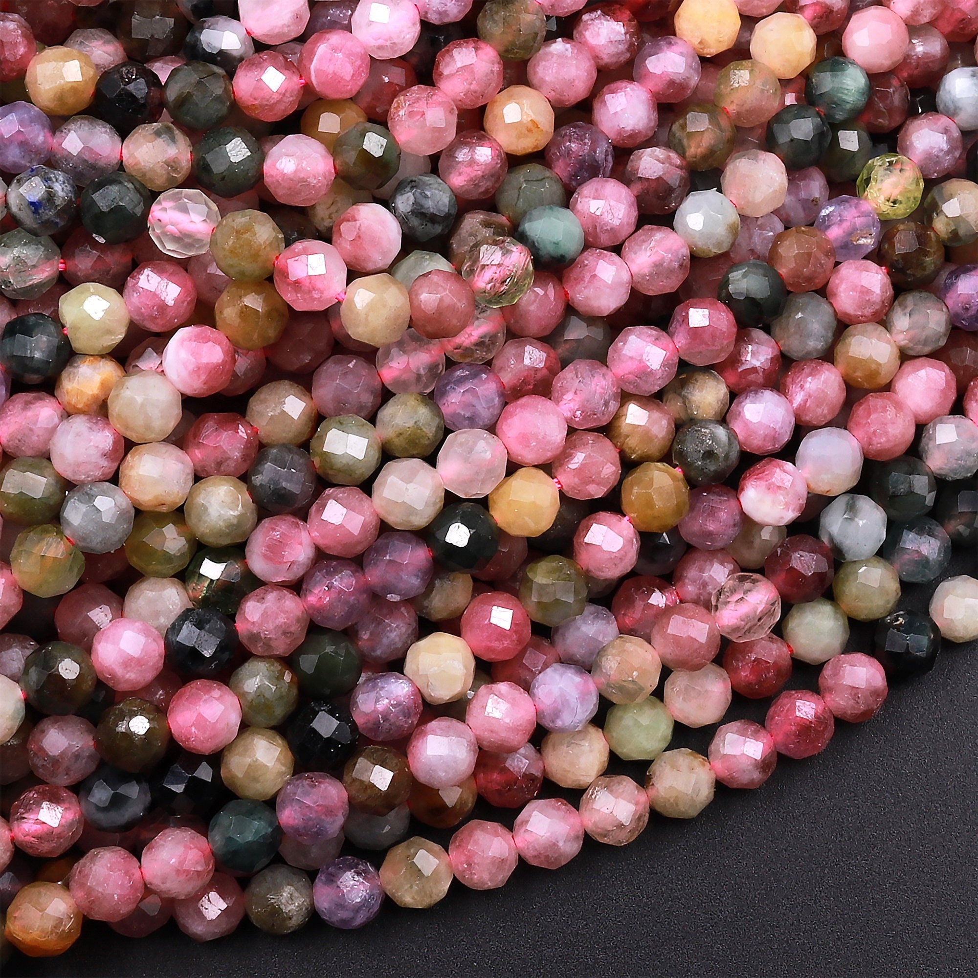 Perles De Tourmaline Rose Micro-Facettées - 2mm - Fil 12" - Pour Création Bijoux DIY - Neuf